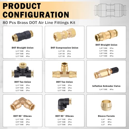 CheeMuii 80 PCS Brass DOT Air Line Fittings Kit DOT Push Lock and Compression Air Fitting Pure Brass Quick Connect Union 1/8" 1/4" 3/8" 1/2" Air Hose Fittings Assortment - color: Gold, size: 80 PCS