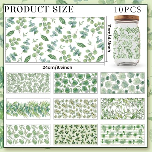 10 Sheets Plants UV DTF Cup Wraps for 16OZ Glass, 4.3 x 9.4 Inch Green Leaves UV DTF Transfer Stickers Waterproof Rub on Transfer Decals for Glass Bottle Vase Furniture Crafts - style: Green Plants