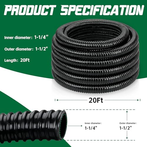 Pond Tubing 1-1/4” × 20 Feet Black Flexible PVC Pond Hose,Garden Pond PVC Tube - Reinforced, Kink-Resistant Tubing for Pumps, Fountains & Waterfalls, with 4 Clamps,1-1/4" Dia - size: 1-1/4 Inch, style: 20FT