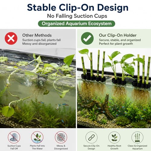 4-Pack Aquarium Plant Holder/Bamboo, Flexible Fish Tank Plant Holder for Rimmed Tanks up to 75 Gallon, Pothos & Bamboo Clips with 5 Slots for Plants Aquaponics
