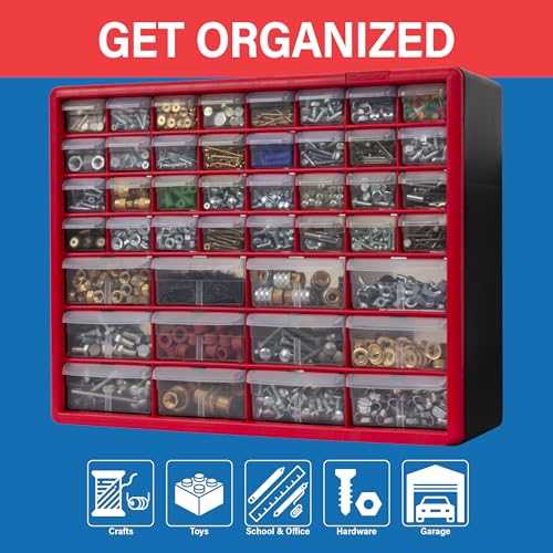 Akro-Mils 44-Drawer Plastic Drawer Storage Cabinet for Garage Organization, Bead Organizer, Building Bricks Storage, Teacher Toolbox, Makeup Organizer, 20" W x 6" D x 16" H, 10144 Red - color: Red, size: 44 Drawer, style: 1 Pack