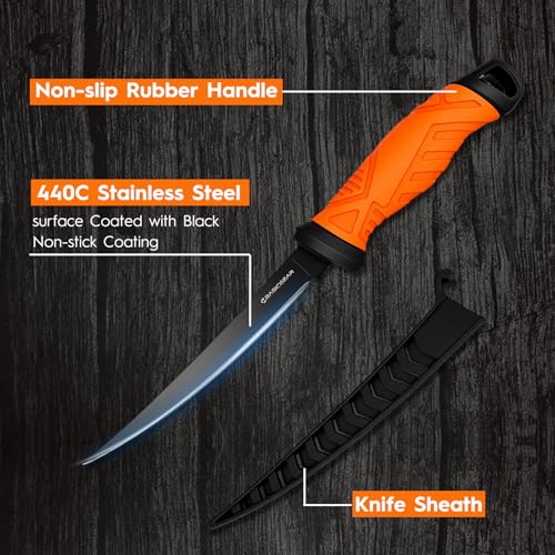 Fishing Fillet Knife and Multi-Tool Scissors Set – 7” 440C Stainless Steel Fillet Knife with Non-Stick Blade, Multi-Tool Scissors with Serrated Blades, Rust-Resistant