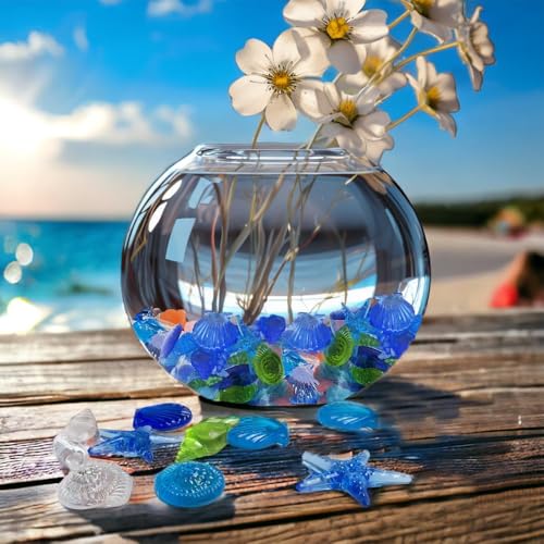 Blue Sea Shells Starfish Conch Acrylic Gems Under The Sea Party Decorations Gemstones for Mermaid Party Favors Decorations,Beach Theme,Vase Filler, Table Scatters, Fish Tank Decorations,14 OZ - color: Blue Mix