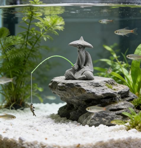 livelyfish Mini Fisherman Statue Asian Zen Decoration Sitting Fishing Figurines Sandstone Vintage Ornament for Aquarium Fish Tank Pot Garden Home Japanese Decor (D2) - color: D2