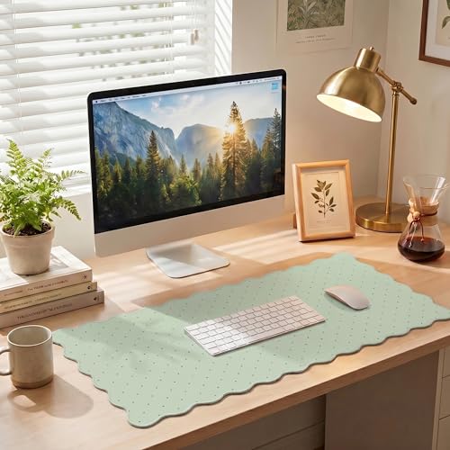 Cute Scalloped Desk Mat with Sage Green Polka Dot Large Mouse Pad Computer Mat Aesthetic Keyboard Mat for Desktop Laptop Protector for Office & Home - color: A2- Sage Green