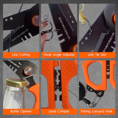 BasicGear Fishing Multi-Tool Scissors – Titanium-Coated, Stainless Steel, Multi-Tool Cutter with Hook Adjuster, Screwdriver, Bottle Opener, Sheath & Non-Slip Grip for Saltwater or Freshwater Use - color: 440c Stainless Steel