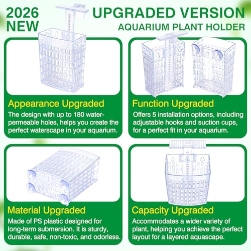 2026 Latest Upgraded Aquarium Plant Holder Adjustable Height with Extendable Hook and Suction Cup for Fish Tank Aquaponic Plant Cultivation and Aquascape Accessories Decorations (4 Pack) Transparent - color: Transparent-4 Pack