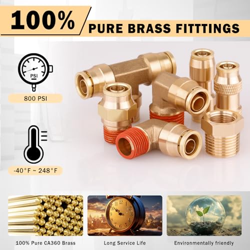 CheeMuii 80 PCS Brass DOT Air Line Fittings with 100FT 1/4" and 100FT 3/8" DOT Air Line Kit Push Lock Air Fitting Quick Connect & NPT Thread Fittings with Pneumatic Tubing - size: 2ROLL-84PCS