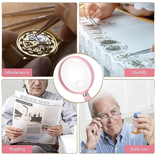 Feosky Handheld Reading Magnifier, 10X Magnifier, 75mm Shatterproof Lens, Non-Slip Handle for Adults Close Work, Seniors Reading and Nature Exploration, Hobby Observation(Pink) - color: Pink, size: 75mm