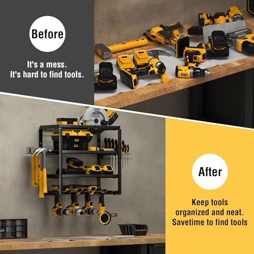 YYR 4 Layer Power Tool Organizer Wall Mount, Cordless Drill Hanger Storage Rack, Battery Tools Holder with Charging Station Shelf for Garage Organization, Workshop, Pegboard, Shed - 16 Inch 4 Slots - size: 16 Inch 4 Drills Holder