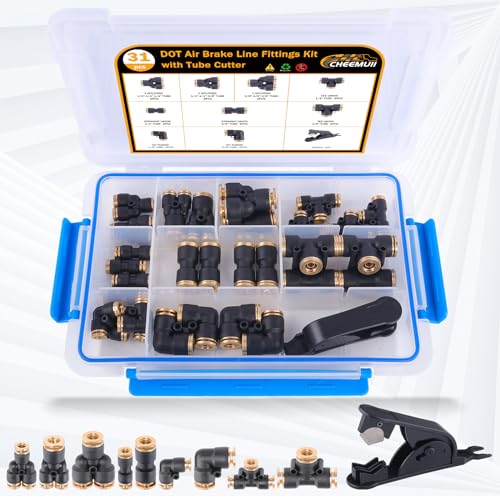 CheeMuii 31 PCS DOT Air Brake Line Fittings 1/4" 3/8" Push to Connect Fittings Quick Connect Air Hose Fittings Repair Kit for Truck or Industrial Air System - size: 31PCS