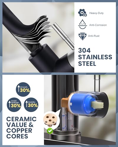 WOWOW Kitchen Faucets for Sink 1 or 3 Hole, High Arc Stainless Steel Kitchen Sink Faucet with Sprayer, Brushed Nickel and Black Faucet for Kitchen RV Laundry Sinks - color: Black & Brushed Nickel, style: Kitchen Faucet