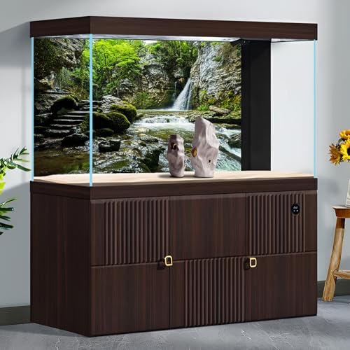 Waterfall Aquarium Background Rainforest Tropical Forest Dreamlike Natural Landscape Fish Tank Background Cascading Waterfall Tranquil Stream Reptile Tank Enclosure Backgrounds Wallpaper 24x12in - color: Brown_Green, size: 24(W)x12(H)inches/ 60(W)*30cm(H)