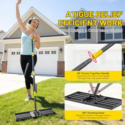 Lawn Leveling Rake,Foldable 30x10 Inch Ground Plate,72 Inch Adjustable Long Handle Yard Level Tool with Curved Edge,Heavy Duty Landscaping Lawn Leveler for Grass, Golf Field, Soil Sand Dirt Spreader - size: 30"x10", 70"