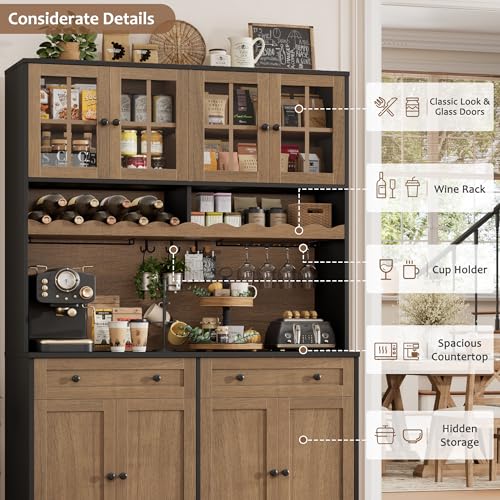HOSTACK 75.4" Tall Kitchen Pantry Cabinet with Charging Station, Modern White Kitchen Hutch with Microwave Stand and Wine Rack, Large Food Pantry Storage Cabinet with Glass Doors and Drawers, Brown - color: Black/Brown