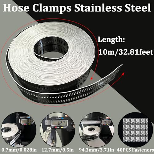 Hose Clamps Stainless Steel, Hose Clamp Assortment Kit, 32.81FT DIY Large Adjustable Worm Gear Metal Clamps Fuel Line Clamp with 40 Fasteners for Plumbing, Water Pipe, Radiator, Automotive, Mechanical - size: 2-Set 32.81FT Metal Strap+40 Fasteners