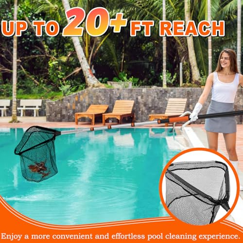 SISIUPASSIE 20FT Pool Skimmer Net with Pole, Foldable & Larger Capacity Pool Net for Cleaning, Telescopic Pool Pole Heavy Duty with Fine Mesh Pool Leaf Net for Above Ground & In-ground Pools - size: 20FT