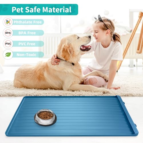 Dog Mat for Food and Water - 39.4" x 27" Large Pet Feeding Mats with Residue Collection Pocket - Waterproof Dog Cat Bowl Mat with High Edges to Prevent Water and Food Spills (Navy) - color: Navy