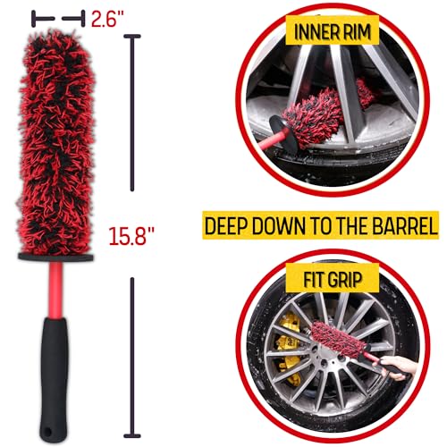 oesee Metal Free Microfiber Wheel Brush Kit- Microfiber Angled Wheel Brush, Long Handle Wheel Brush, Tire& Detailing Brush, Wheel Wash Mitt. Hands-On Wheel Detailing Kit for Daily Wheel Cleaning - color: 5 Pack (Red & Black)