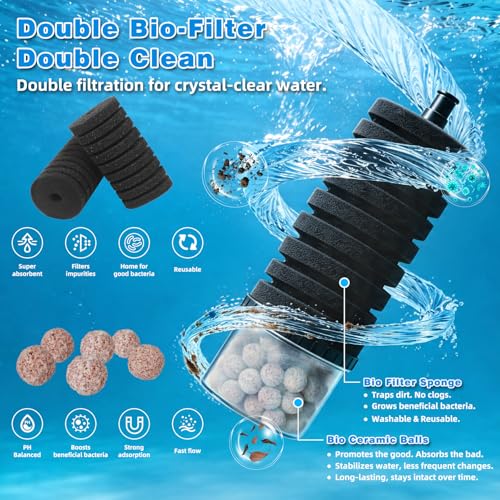 Aquarium Sponge Filter 15-55 Gallon Fish Tank Filter, Electric Power Double Sponge Filter, Quiet Small Low Flow Foam Filter For Fish Tank Betta Shrimp, Intake Dual Sponge Filter Kit w/ Bio Balls &Pump - size: JF-120B