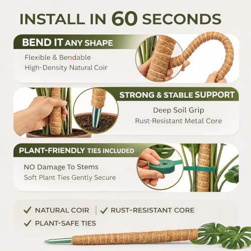 2 Pack 28" Bendable Moss Pole Monstera Plant Support | Monstera Moss Pole for Plants Indoor for Climbing Indoor Potted Plants | Stackable Plant Stakes for Pothos, Philodendron, & Eco Friendly