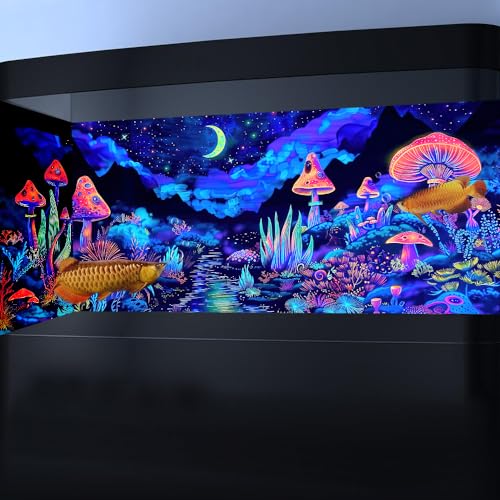 48X18IN Blacklight Mushroom Flower Black Light Aquarium Background, UV Fish Tank Background Moonlight Mountain Forest Landscape Terrarium Background with 10 EVA Double-Sided Tape - size: 48X18in/120X45cm