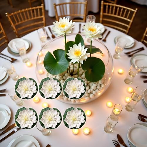 6Pcs White Artificial Lotus Flowers Large Floating Faux Lotus Water Lily Flowers Fish Pond Artificial Plants with Artificial Lily Pads, Home Decor Artificial Flowers