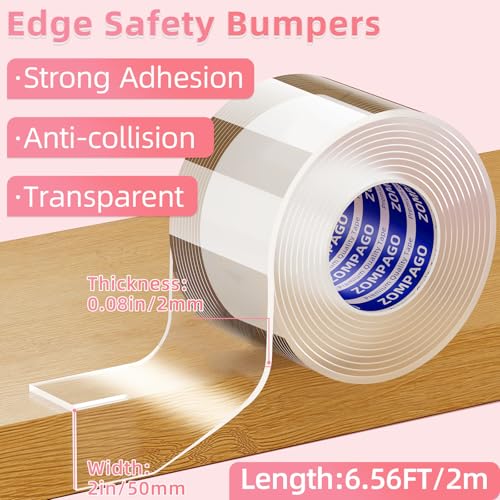 ZOMPAGO Clear Soft Corner Protectors for Baby Safety Furniture Strip 2in(W) x6.56FT(L), Sharp Edge Table Corner Bumpers, Wall Corner Guards, Baby Proof Corner Protectors for Cabinet & Window Edge - size: 2in x 6.56FT