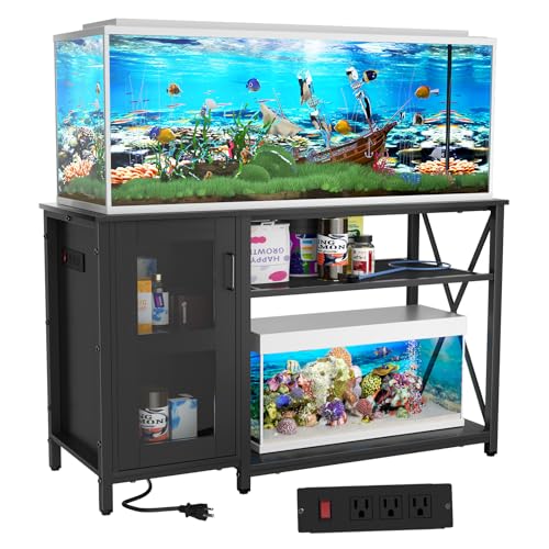 BEURUKU 55-75 Gallon Fish Tank Stand , Aquarium Stand with Cabinet & Power Outlets for Fish Tank Accessories Storage, Heavy Duty Metal Terrarium Stand, 52" L*19" W Tabletop, 1200LBS Capacity, Black - color: Black, size: 55-75 Gallon