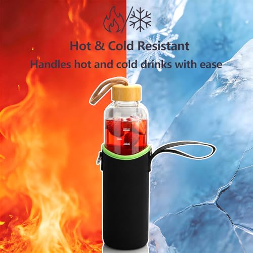 Sursip 32 oz Glass Water Bottle - Nylon Bottle Protection Sleeves, Bamboo Lid, And 1L Time Marked Measurements, Reusable, Eco-Friendly, Safe for Hot Liquids Tea Coffee Daily - color: Black-Bamboo