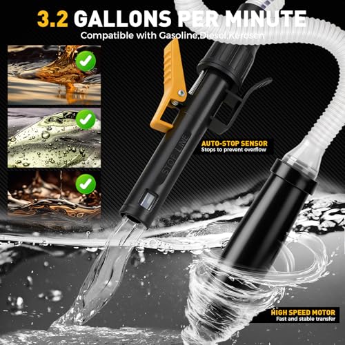 Battery-Powered Fuel Transfer Pump - 3.2 GPM No Spill Portable Gas Can siphon Pump with 3 Adapters, Extra Long Hose, Yellow Fuel Pump for Oil, Diesel, Gasoline (Batteries Not Included) - size: New Version (Yellow)
