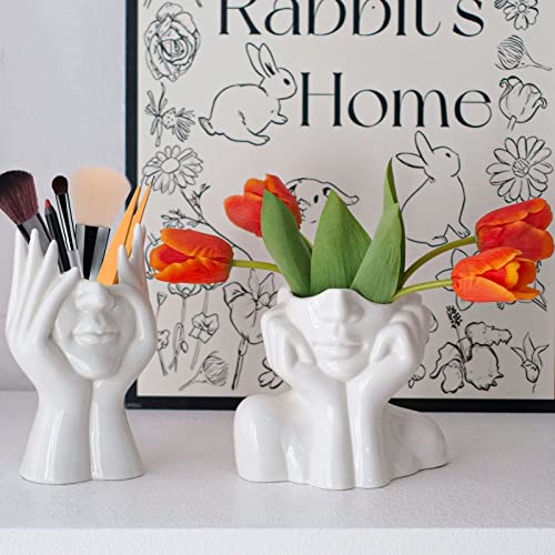 White Ceramic Face Vase Set of 2, Female Form Modern Vases Head Half Bust Vase for Flowers, Decorative Vases Centerpieces for Table Home Office Decor - color: White Face Set of 2