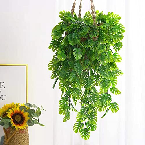 GBESTWOOW Artificial Monstera Hanging Plant Fake Turtle Greenery Vine for Tropical Party Decorations Holiday Greenery Decor - 2pcs - size: 29-inch