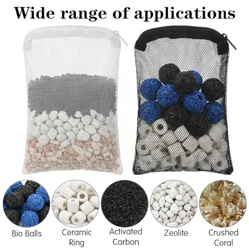 24 Pcs Mesh Bag for Aquarium Media, Aquarium Filter Media Bags Extra Fine 6.10×7.87 Inches with Zipper for Fish Tank Ceramic Rings Bio Balls(Black, White)