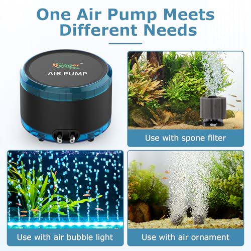 hygger Aquarium Air Pump Dual Outlet, Quiet Powerful Fish Tank Aerator 4W/8W, Adjustable Oxygen Pump with Air Stone, Bubbler for Fish Tank Up to 200 Gallon - size: 4W (Up to 120 Gallon)