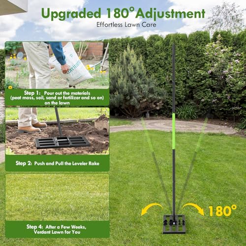 Seeutek Lawn Leveling Rake, 17” x 10” Lawn Leveler with 6.5FT Stainless Steel Handle Rakes for Lawns, 0-180° Adjustable Ground Leveler Tool for Yard, Level Soil Sand Dirt Surfaces - size: 17"*10"