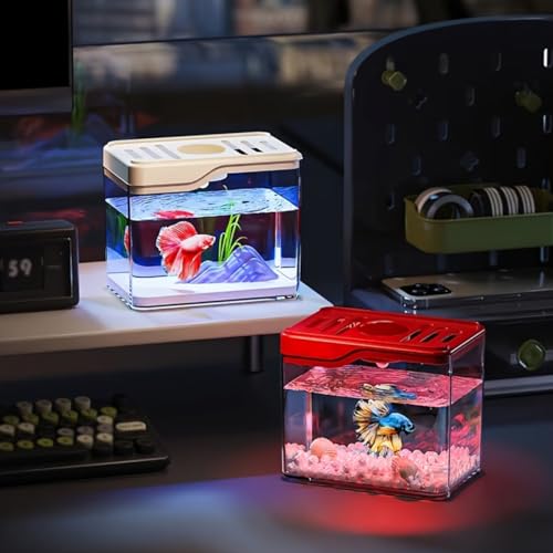 Mini Desktop Betta Aquarium, 1.7 Gallon Clear Fish Tank with Cover, Lightweight Portable Aquatic Tank, Small Breeding Habitat, Modern Decorative Ornament for Home Office Desk Use - color: White, size: Without a light