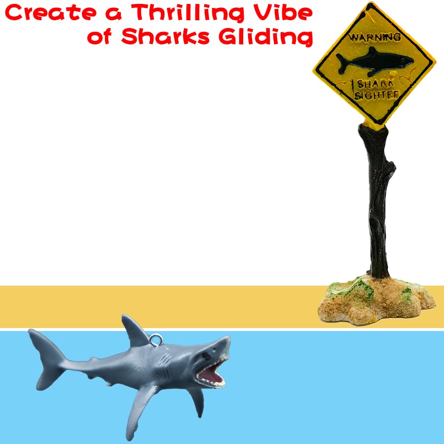 Aquarium Shark Decor Set-Floating Megalodon Decor with Shark Warning Sign for Fish Tanks -Fish Tank Accessories Decorations
