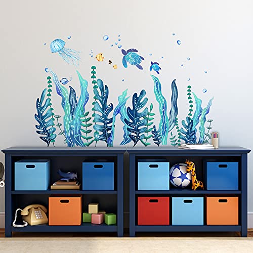 Tenare 5 Sheets Ocean Sea Turtle Wall Decals Stickers Under The Sea Stickers Seaweed Grass Jellyfish Fish Removable Vinyl Decal for Bedroom Bathroom Baby Nursery Room Wall Decor(Classic Style) - style: Classic
