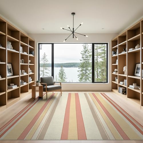 9'x12' Washable Minimalist Stripe Oversized Rug, Beige Non-Shedding Pet Friendly Carpet for Master Suite, California King, Under Bed, Foldable Easy Care Mat | Ref:1993949 - color: Beige/Pattern 23, size: 9' x 12' (Rectangular)