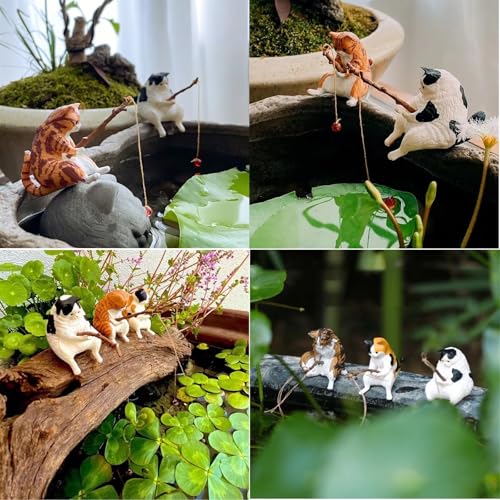 3 PCS Cute Fish Tank Figurines - Cat Statue Decor for Home Office Aquarium Decoration
