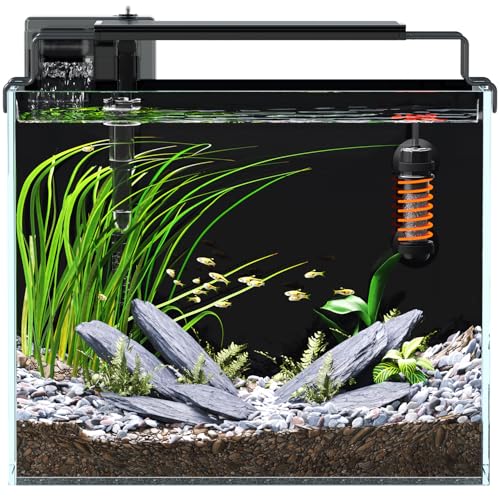 3 Gallon Fish Tank Aquarium Kit with Filter, Heater, LED Light with Timer, Siphon Vacuum Cleaner, Lid, Self-Cleaning Glass Rimless Betta Tank - size: 3 gallon with heater
