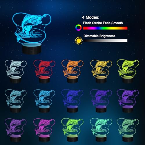YuanDian Fishing Night Light, 3D Fish 16 Color Changing LED Lamp, Go Fishing Man Gifts with Remote & Timer & Dimmable, Room Decor, Ideal Gift for Fishing Lovers Men Dad