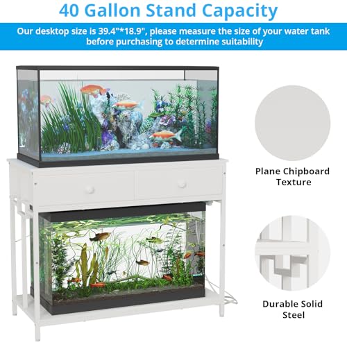 VOWNER 40 Gallon Aquarium Stand with Power Outlet, Metal Frame Fish Tank Stand with Cabinet Storage, Double Turtle Reptile Terrariums Tank Stand, 39.4" L*18.9" W Tabletop, 660LBS Capacity, White - color: White