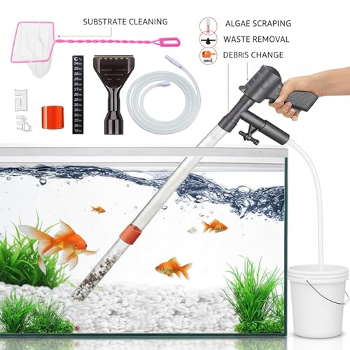 Aquarium Gravel Cleaner, Manual Air-Press Fish Tank Vacuum with Extension Tubes & Clamp, Multifunctional Siphon Cleaner for Sand Washing, Debris Removal