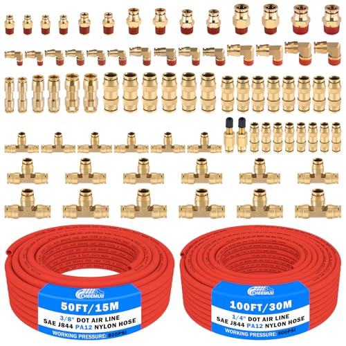 CheeMuii 76 PCS Brass DOT Air Line Fittings with 100FT 1/4" and 50FT 3/8" Red DOT Air Lines Kit Push Lock Air Line Quick Connect Fittings with Pneumatic Tubing Set - size: 2ROLL-80PCS-RED