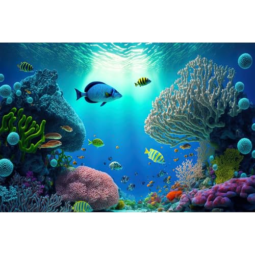 Underwater Aquarium Background Tropical Coral Reef and Exotic Fishes Terrarium Background Deep Blue Ocean Sea with Sunbeams Natural Seascape Fish Tank Backdrop Poster Decorations Vinyl 24x12in - color: Ultramarine, size: 24(W)x12(H)in