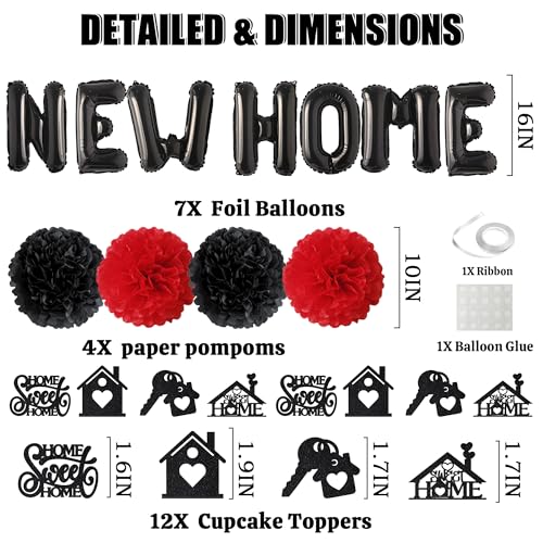 New Home Housewarming Party Decorations - Black Red Boho Welcome Home Decor Kit with Balloons Cupcake Toppers, Tassels House Warming Gifts for New Home Celebration - color: Black Red