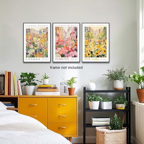 XLARTMY Flower Market Wall Art Print Canvas Yellow Pink Floral Paintings Colorful Botanical Sunflower Artwork Travel Poster for Decor Picture 3 pieces for Living Room Bedroom Bathroom 16x24in Unframed - color: Flower Market-2, size: 16x24in Poster