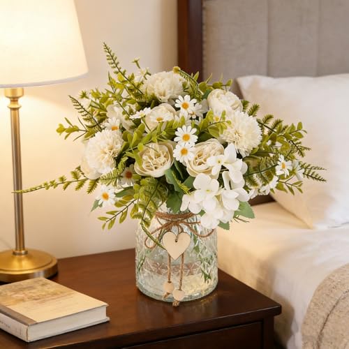 Kimura's Cabin Artificial Flowers with Vase Silk Peonies in Vase Fake Flowers with Vase Faux Flower for Office Home Table Centerpiece Bathroom Arrangement Decorations(White)